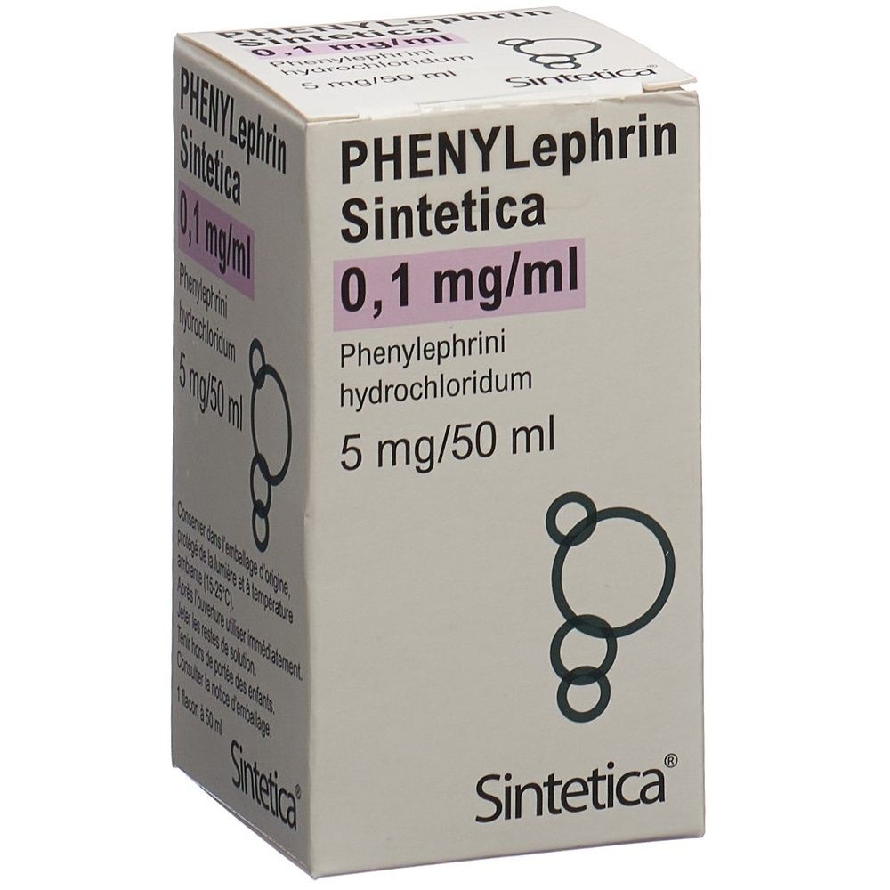 Weißer Karton mit Produktnamen und Dosierungsangaben. Aufschrift: PHENYLEPHRIN Sintetica 0,1 mg/ml, 5 mg/50 ml. Logo: Sintetica.