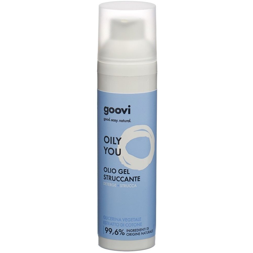 Weiße Flasche mit blauem Etikett. Aufschrift: GOOVI, OILY YOU, OLIO GEL STRUCCANTE. 99,6% Inhaltsstoffe natürlichen Ursprungs.