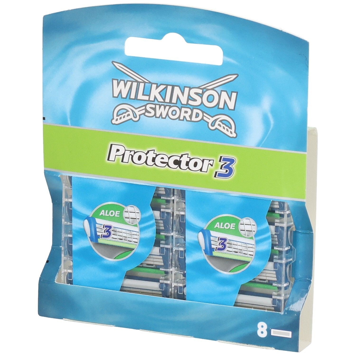 Verpackung mit 8 Wilkinson Sword Protector 3 Rasierklingen mit Aloe.