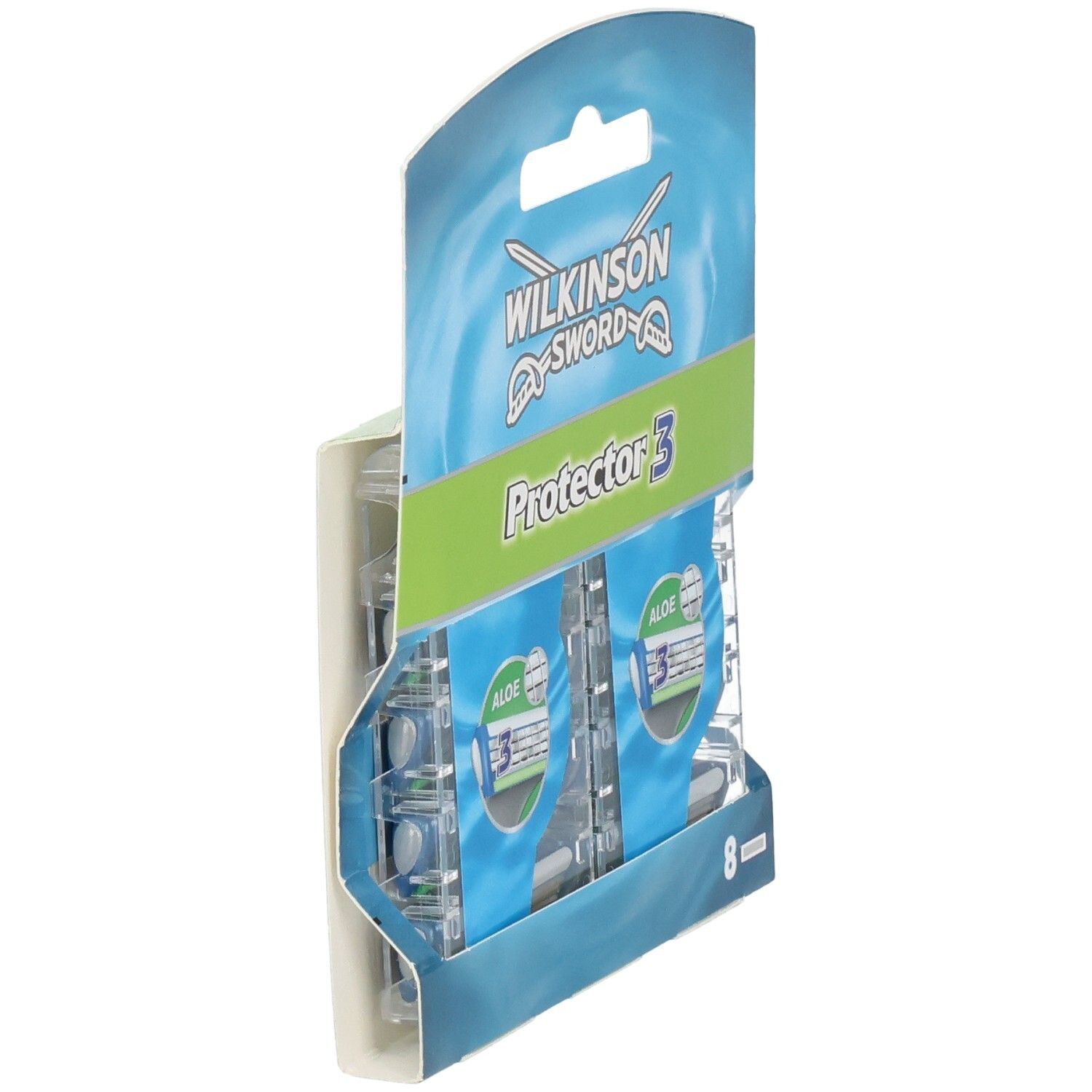 Verpackung mit 8 Wilkinson Sword Protector 3 Rasierklingen mit Aloe.