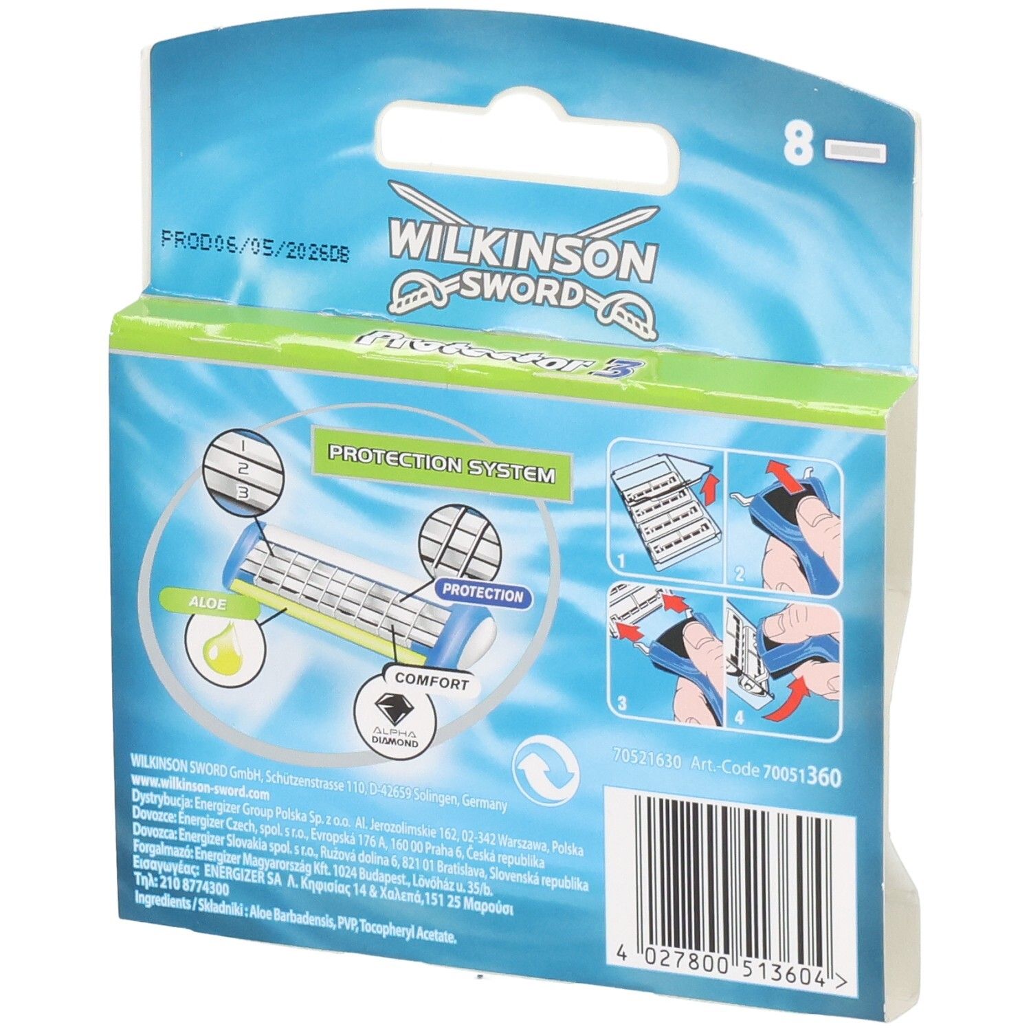 Verpackung mit 8 Wilkinson Sword Protector 3 Rasierklingen mit Aloe.