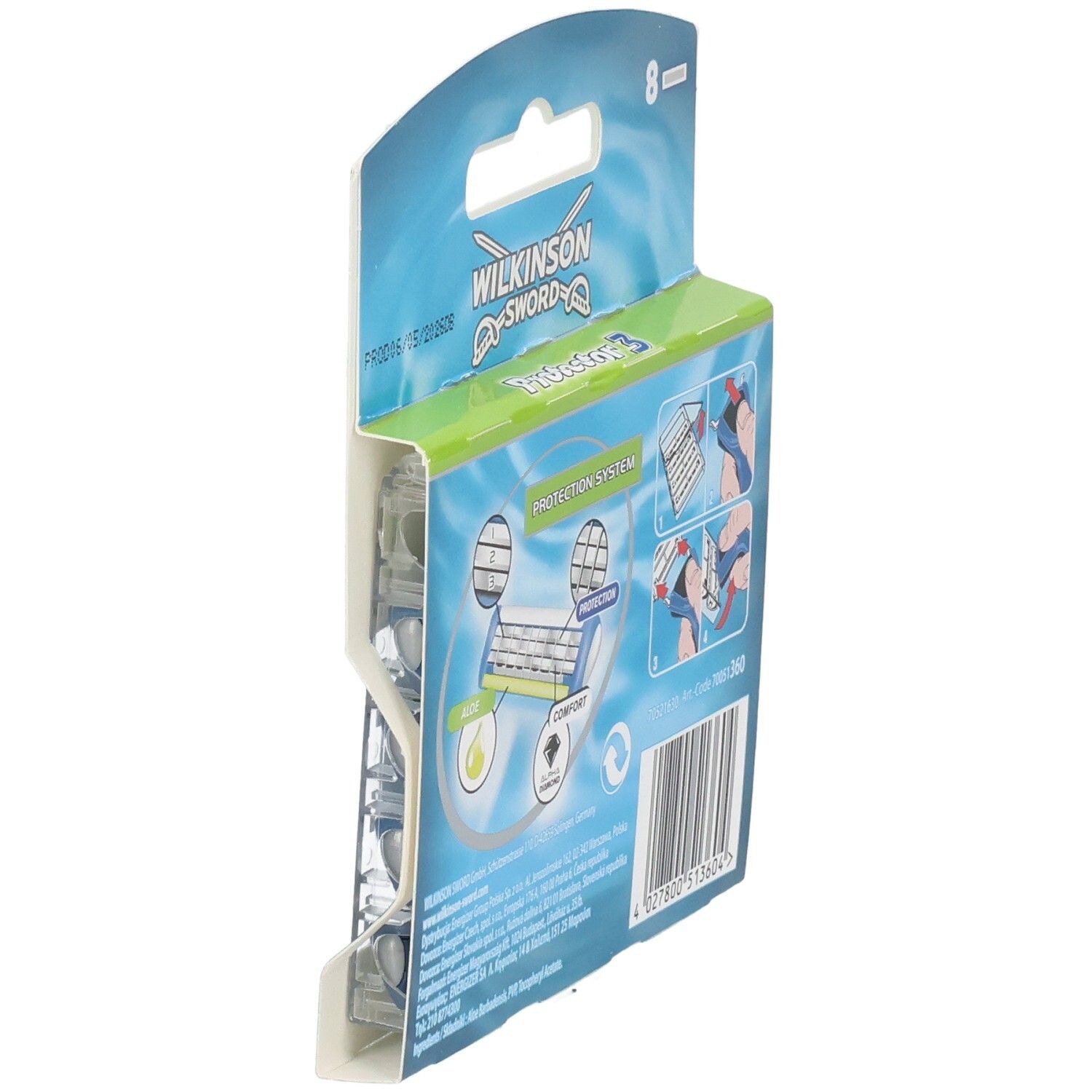 Rückseite der Verpackung mit 8 Wilkinson Sword Protector 3 Rasierklingen. Zeigt Details und Anwendungshinweise.