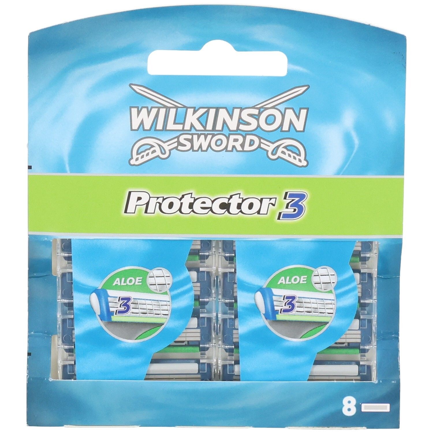 Verpackung mit 8 Wilkinson Sword Protector 3 Rasierklingen mit Aloe.