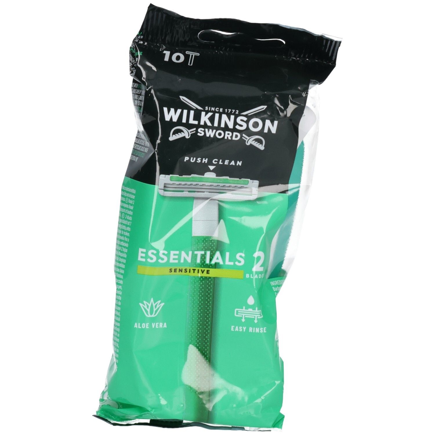 Rasoirs Wilkinson Sword Essentials 2 Sensitive, lot de 10. Poignées vertes, aloe vera et rinçage facile.