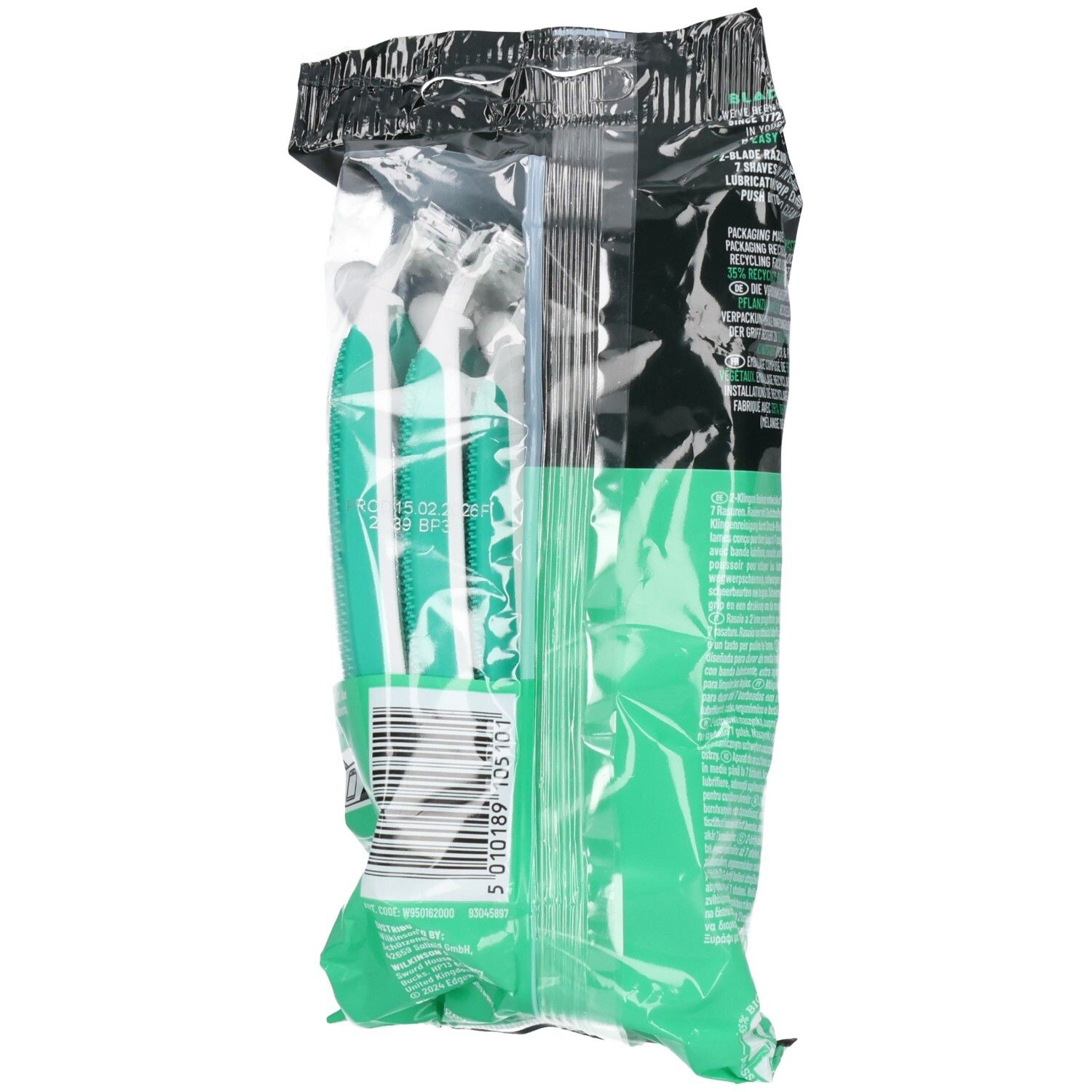 Arrière du paquet de rasoirs Wilkinson Sword Essentials 2 Sensitive. Code-barres et informations produit visibles.