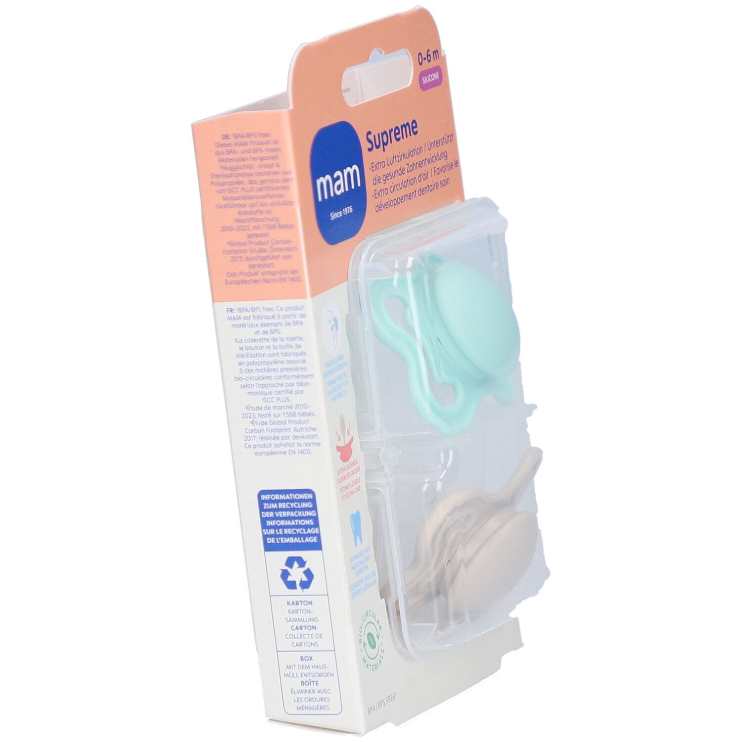 Verpackung mit zwei Schnullern. Hellblauer und beiger Nuggi in Plastikbox. Marke MAM, 0-6m, Supreme. Verpackung schräg.