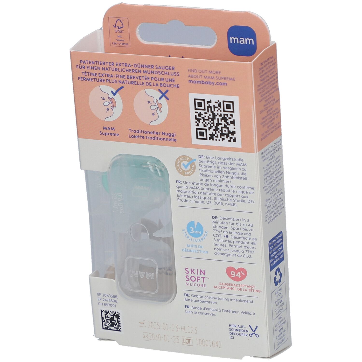 Rückseite der Verpackung mit zwei Schnullern. Marke MAM, Supreme. Text und QR-Code. Informationen zur Verwendung.