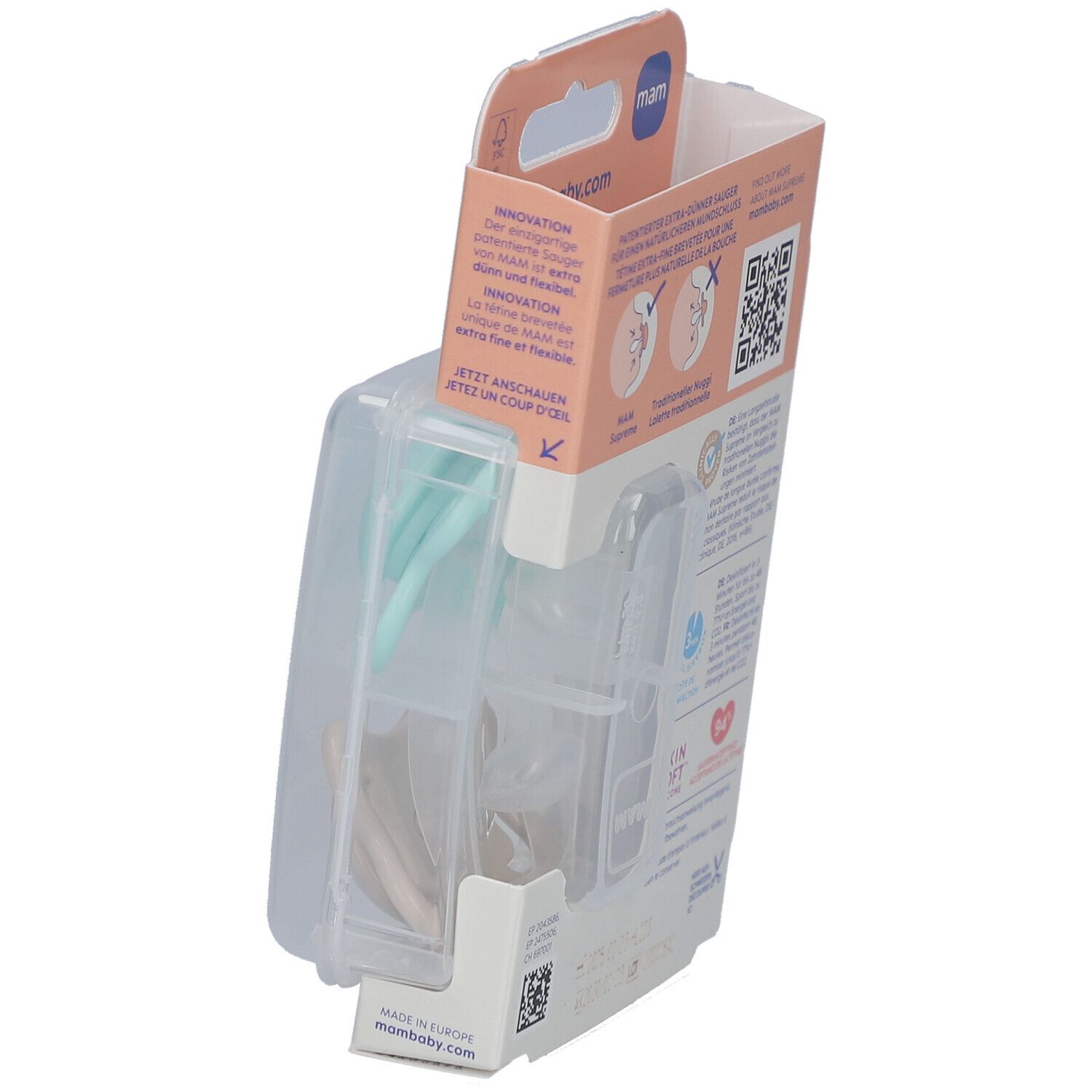 Verpackung mit zwei Schnullern. Hellblauer und beiger Nuggi in Plastikbox. Marke MAM, 0-6m, Supreme. Verpackung schräg.