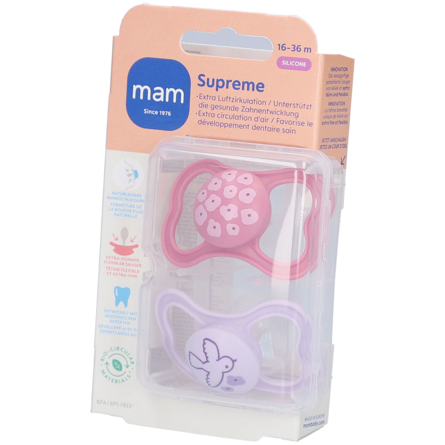 Zwei MAM Supreme Silikon-Schnuller in Verpackung. Rosa und lila. Altersempfehlung: 16-36 Monate. Sichtbare Marke: MAM.