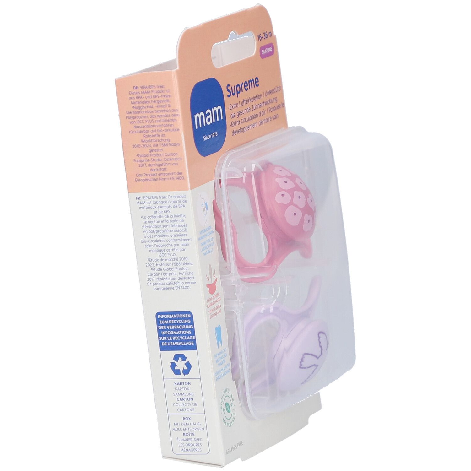 Verpackung mit zwei MAM Supreme Schnullern. Rosa und lila. Altersempfehlung: 16-36 Monate. Marke MAM sichtbar.