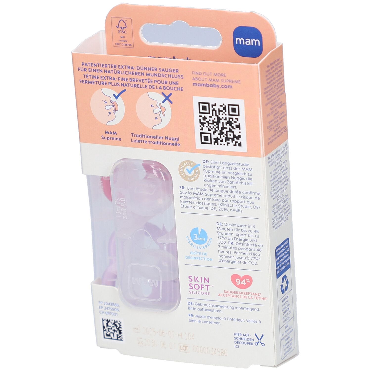 Rückseite der Verpackung mit zwei MAM Supreme Schnullern. Informationen und QR-Code. Altersempfehlung: 16-36 Monate.