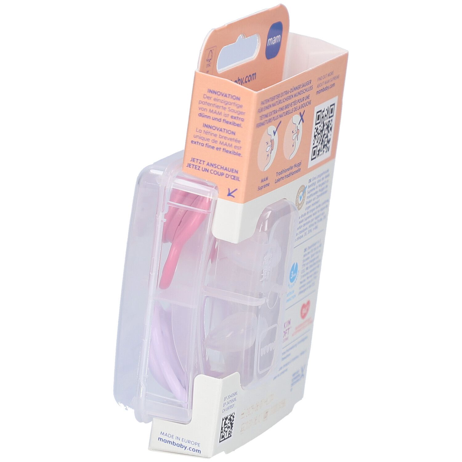 Verpackung mit zwei MAM Supreme Schnullern. Rosa und lila. Altersempfehlung: 16-36 Monate. Marke MAM sichtbar.