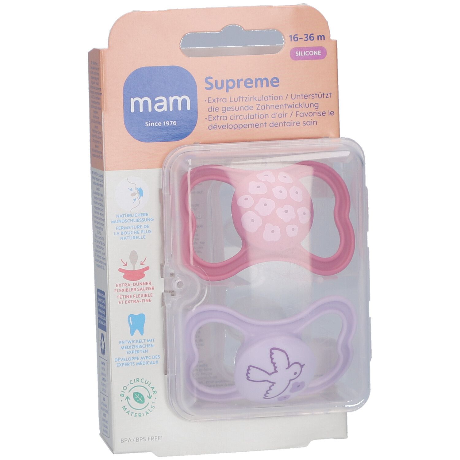 Zwei MAM Supreme Silikon-Schnuller in Verpackung. Rosa und lila. Altersempfehlung: 16-36 Monate. Marke MAM sichtbar.