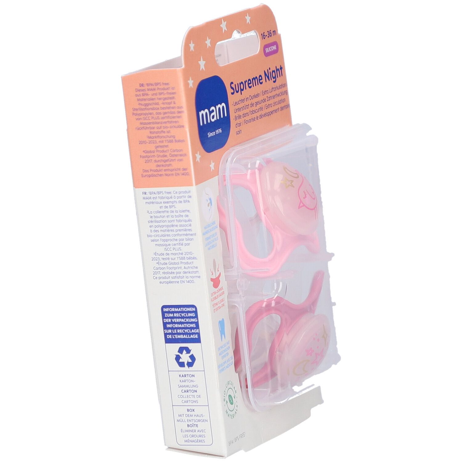 Verpackung mit zwei rosa Schnullern. Marke: mam. Text: Supreme Night. Recycling-Symbol. Ansicht von der Seite.