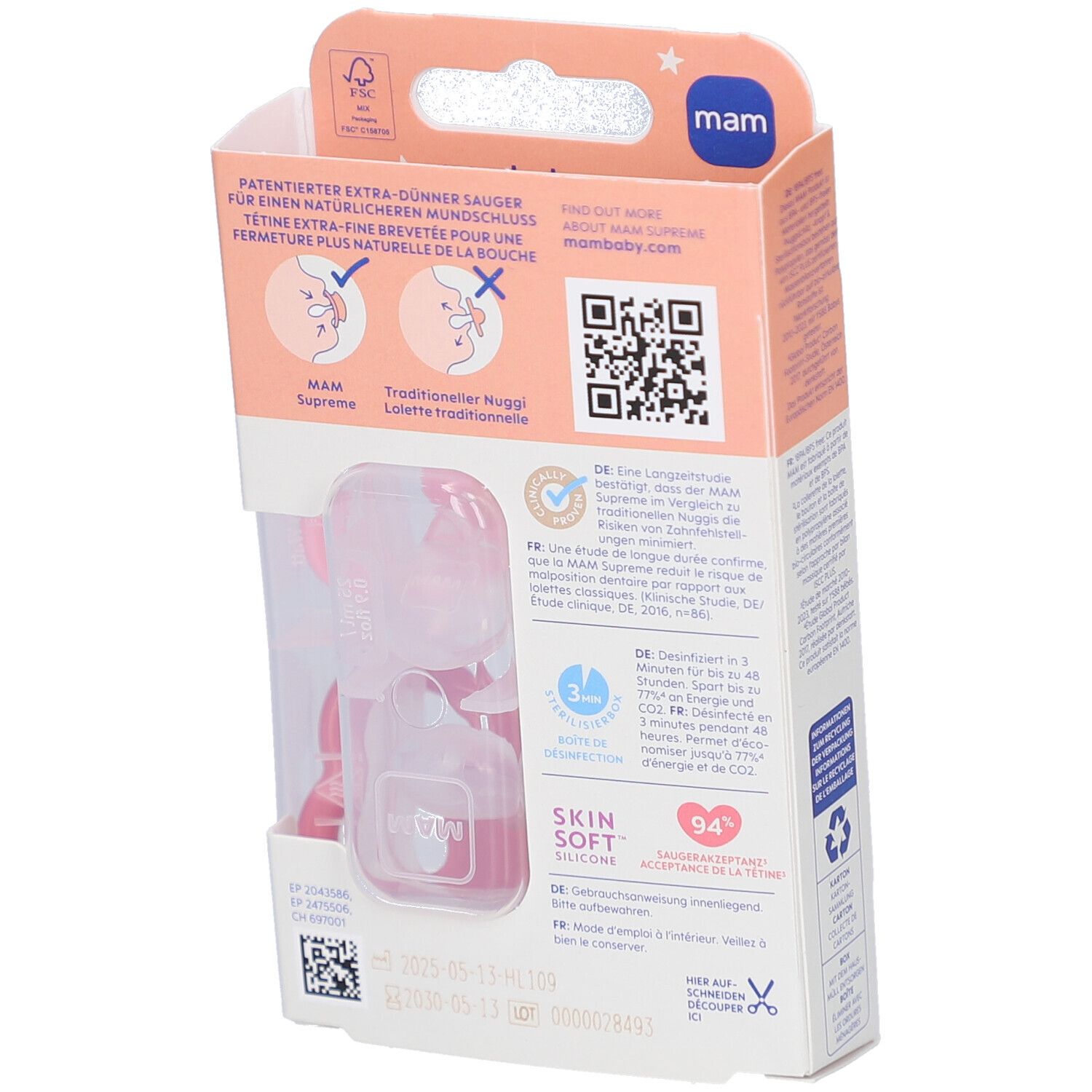 Rückseite der Verpackung mit zwei rosa Schnullern. Marke: mam. Text: Supreme. QR-Code. Informationen zur Reinigung.