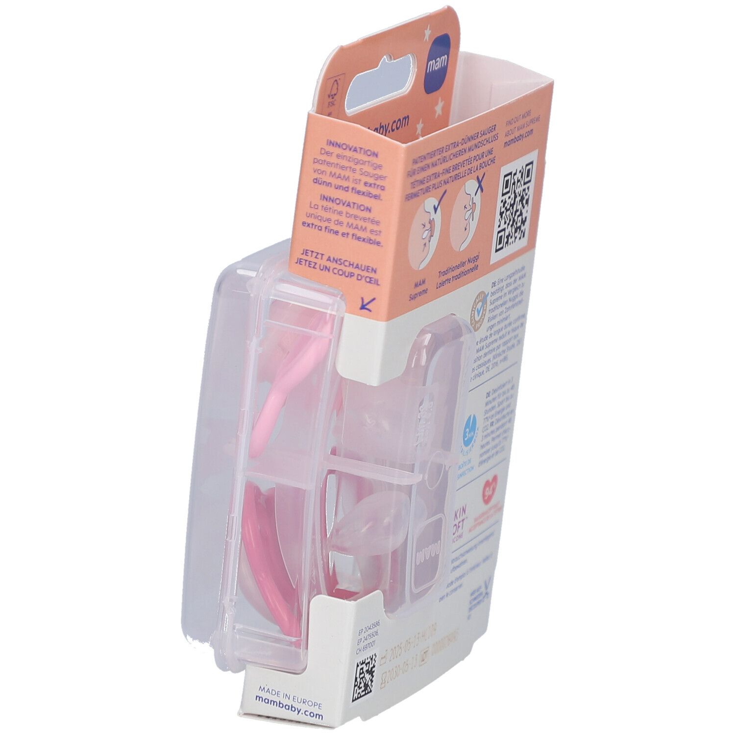 Verpackung mit zwei rosa Schnullern. Marke: mam. Text: Supreme Night. Ansicht von der Seite, teilweise geöffnet.