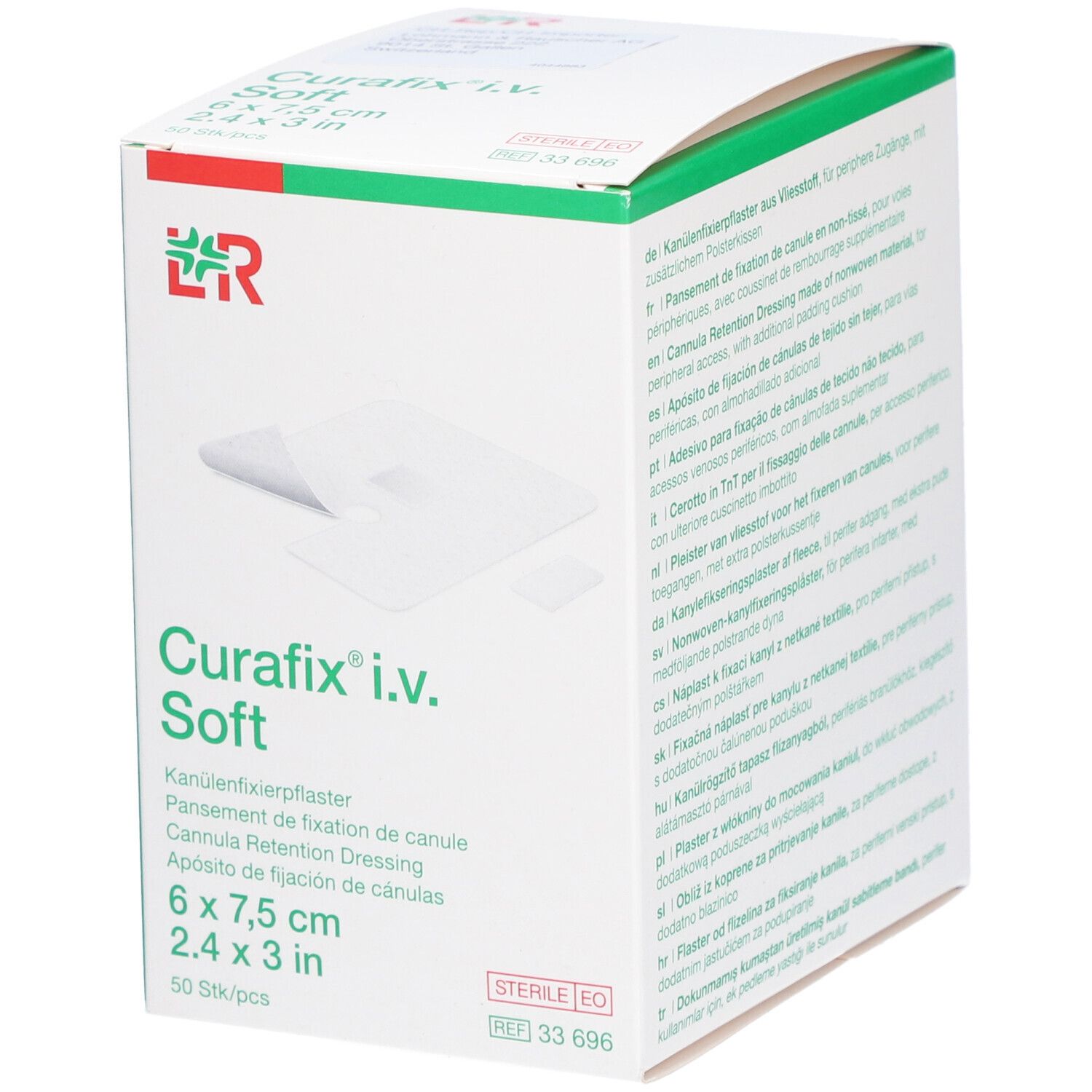 Boîte de Curafix i.v. Soft, 6 x 7,5 cm. Pansement de fixation de canule. Emballage blanc et vert.