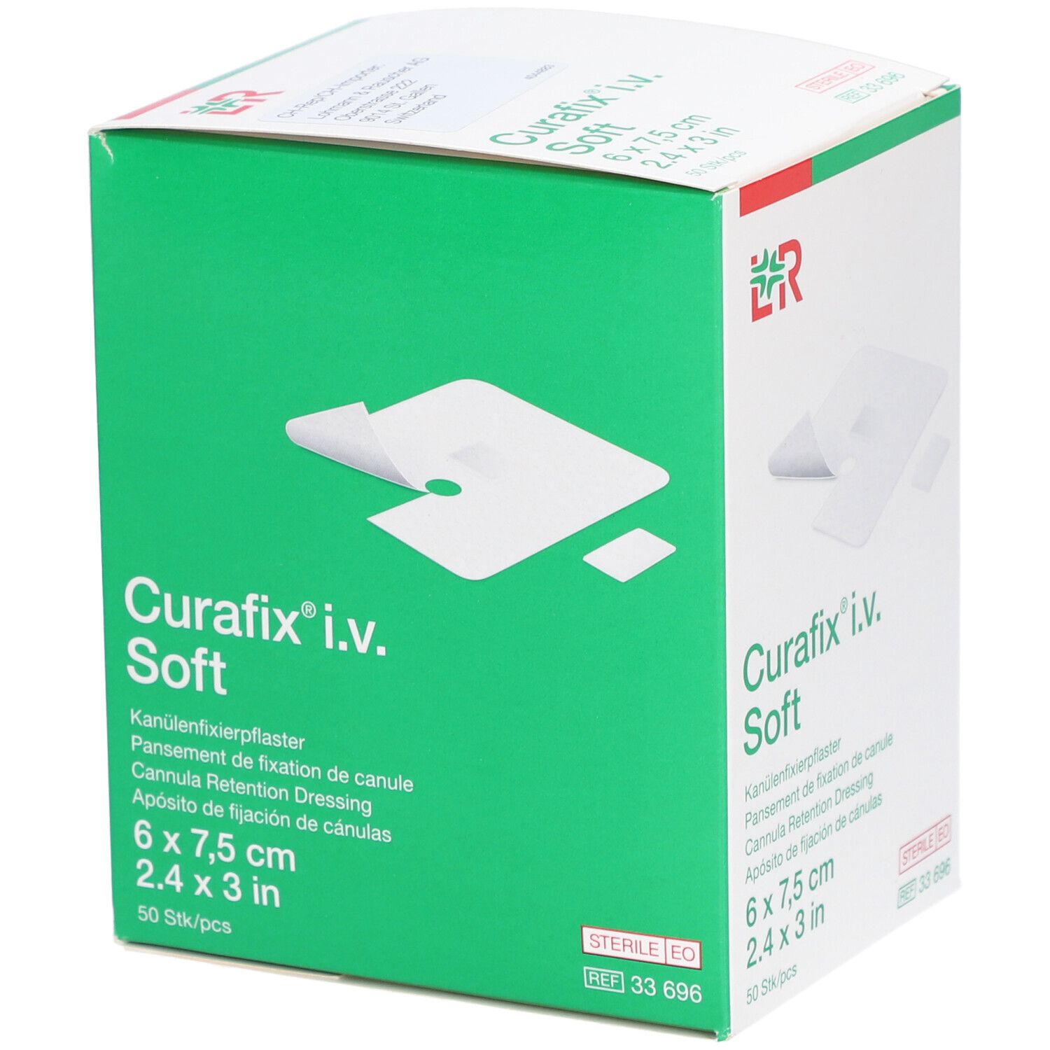 Emballage vert de Curafix i.v. Soft, 6 x 7,5 cm. Pansement de fixation de canule. Produit blanc et vert.