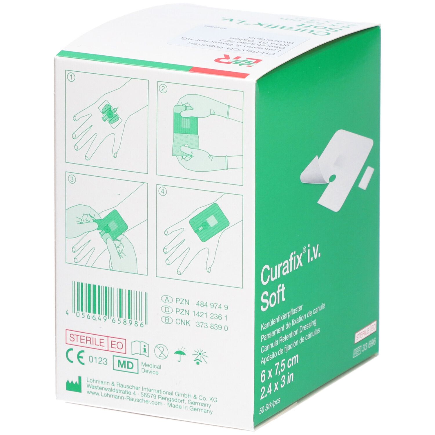 Dos de l'emballage Curafix i.v. Soft. Illustrations du produit et instructions d'utilisation. Vert et blanc.