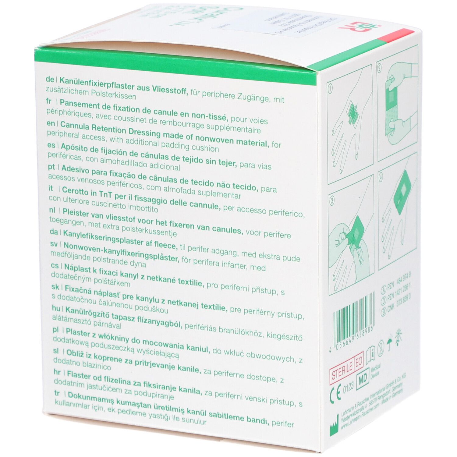 Dos de l'emballage Curafix i.v. Soft. Texte multilingue. Vert et blanc.