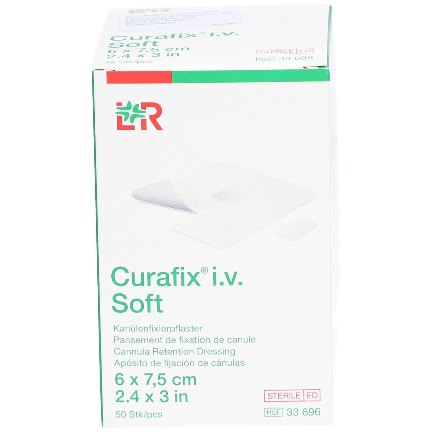 Boîte de Curafix i.v. Soft, 6 x 7,5 cm. Pansement de fixation de canule. Emballage blanc et vert.