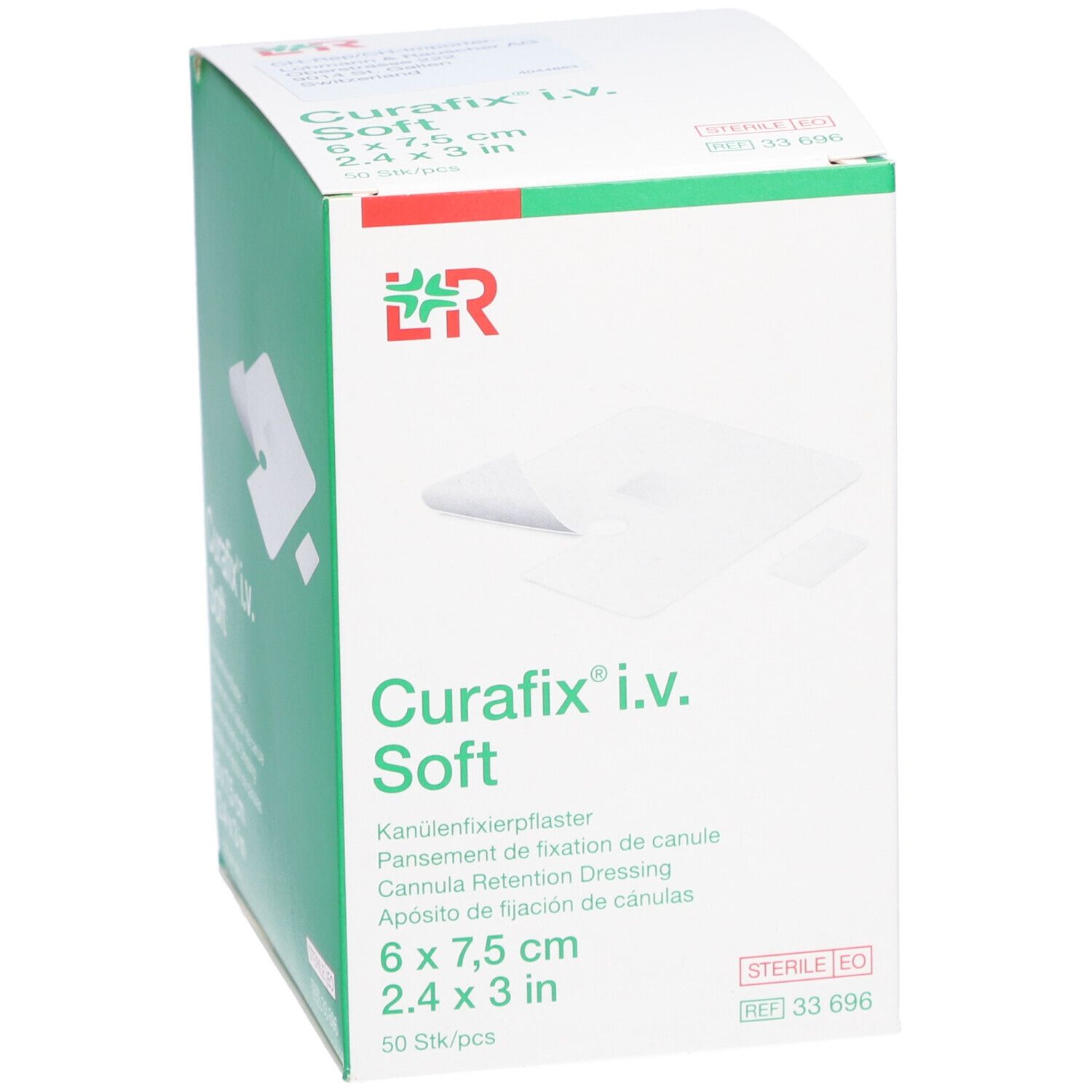 Boîte de Curafix i.v. Soft, 6 x 7,5 cm. Pansement de fixation de canule. Emballage blanc et vert.