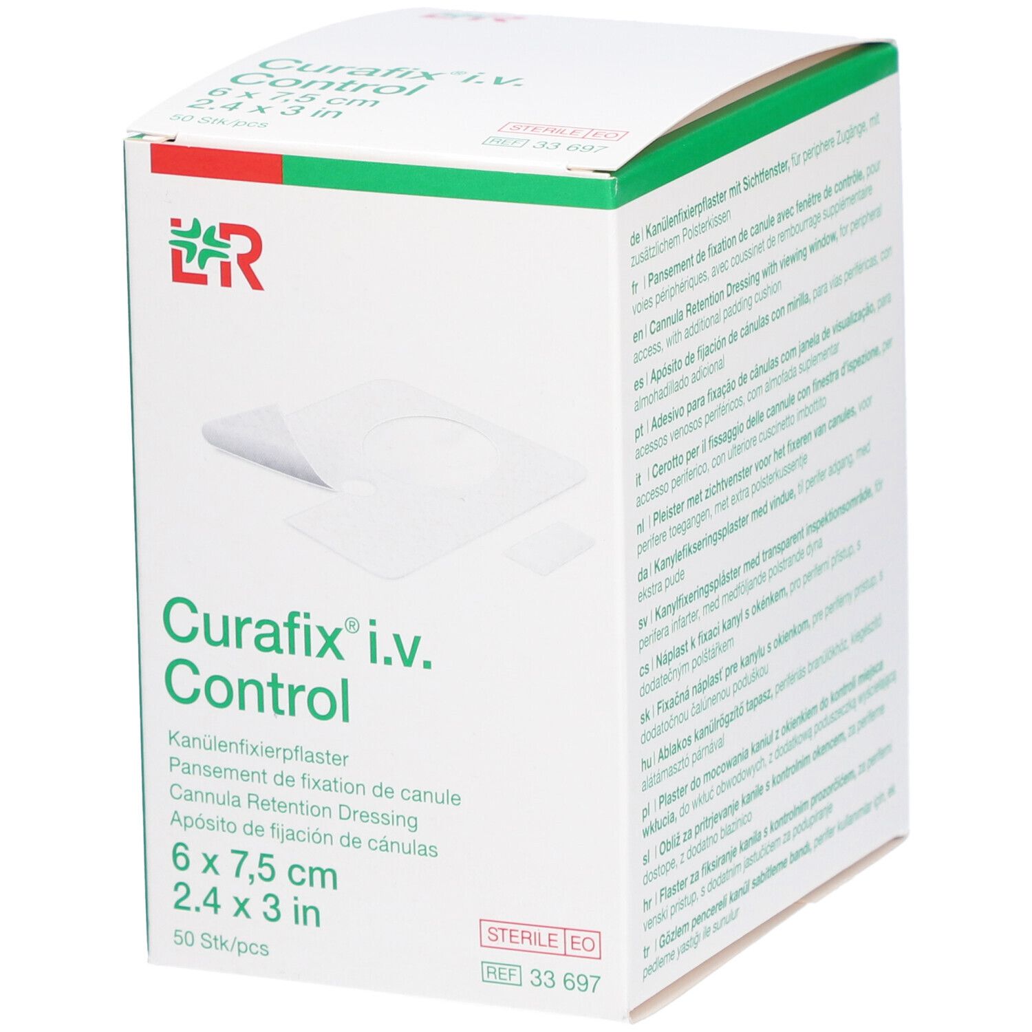 Karton Curafix i.v. Control, 6 x 7,5 cm. Enthält Kanülenfixierpflaster. Aufschrift: 50 Stk/pcs. Mit Logo und Produktinformationen.
