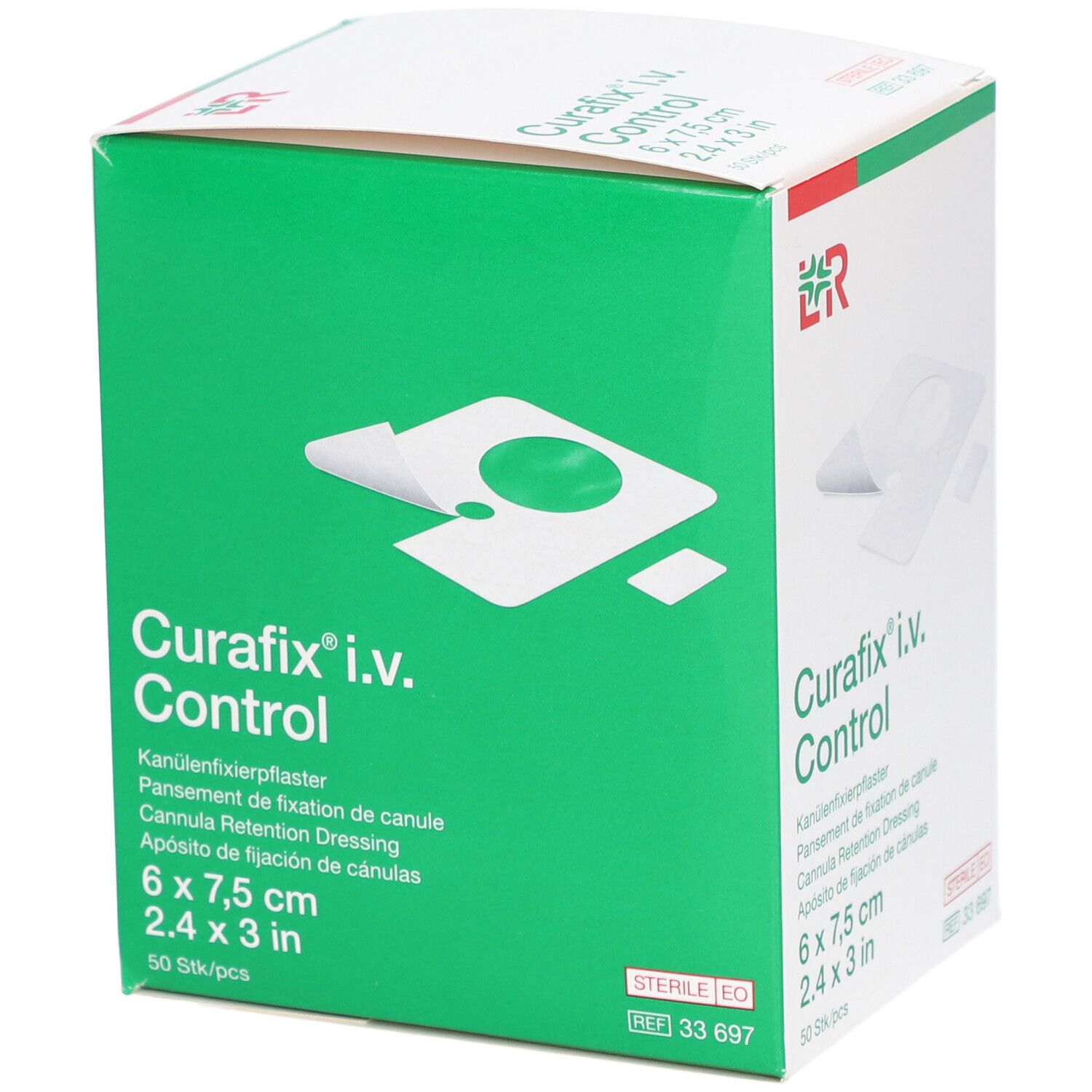 Grüne Schachtel Curafix i.v. Control, 6 x 7,5 cm. Kanülenfixierpflaster. 50 Stk/pcs. Mit Logo und Produktinformationen.