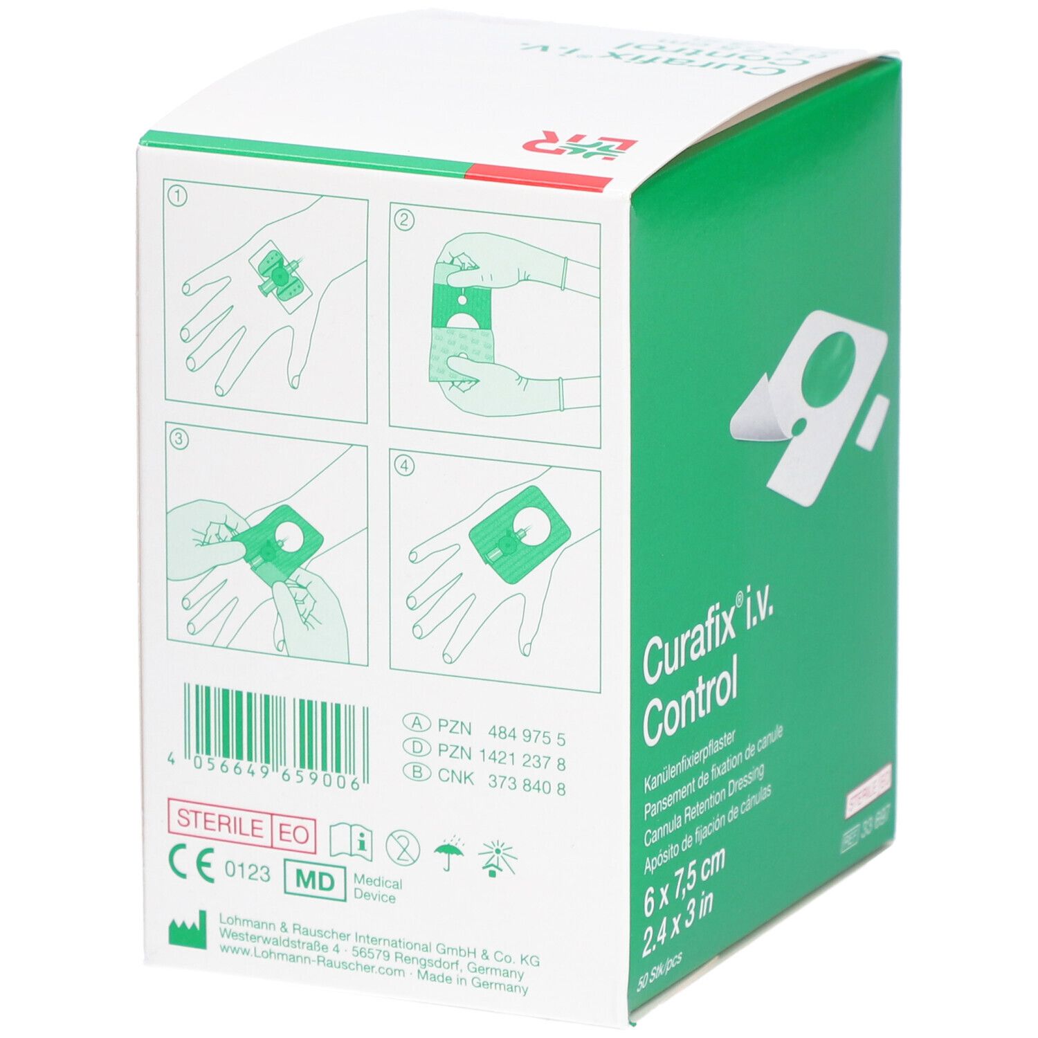 Rückseite der grünen Schachtel Curafix i.v. Control. Enthält Produktinformationen, Anwendungsbeispiele und Zertifizierungen.