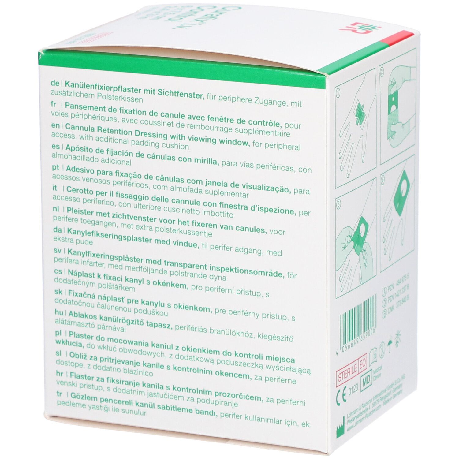 Rückseite der grünen Schachtel Curafix i.v. Control. Text in mehreren Sprachen. Enthält Produktinformationen und Zertifizierungen.