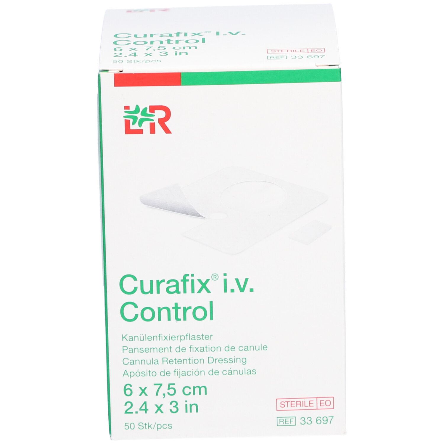 Karton Curafix i.v. Control, 6 x 7,5 cm. Enthält Kanülenfixierpflaster. Aufschrift: 50 Stk/pcs. Mit Logo und Produktinformationen.