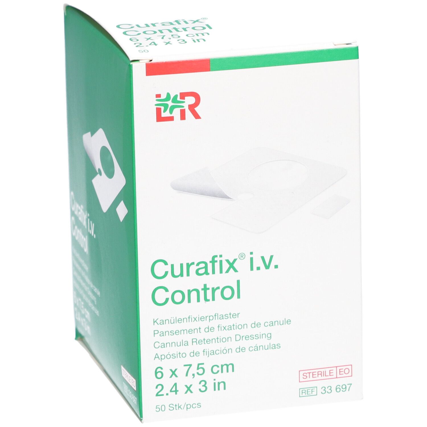 Grüne Schachtel Curafix i.v. Control, 6 x 7,5 cm. Kanülenfixierpflaster. 50 Stk/pcs. Mit Logo und Produktinformationen.