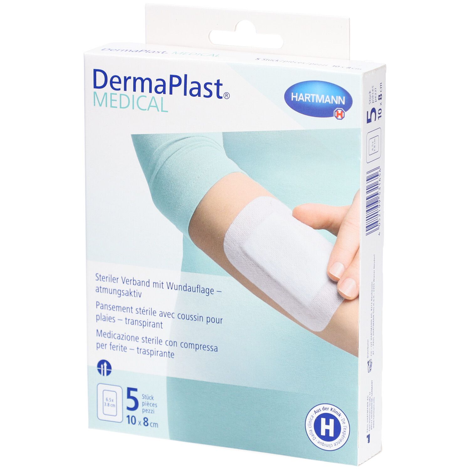 Verpackung von DERMAPLAST Medical Vliesverband. Zeigt ein Pflaster auf einem Arm. 5 Stück, 10x8 cm.