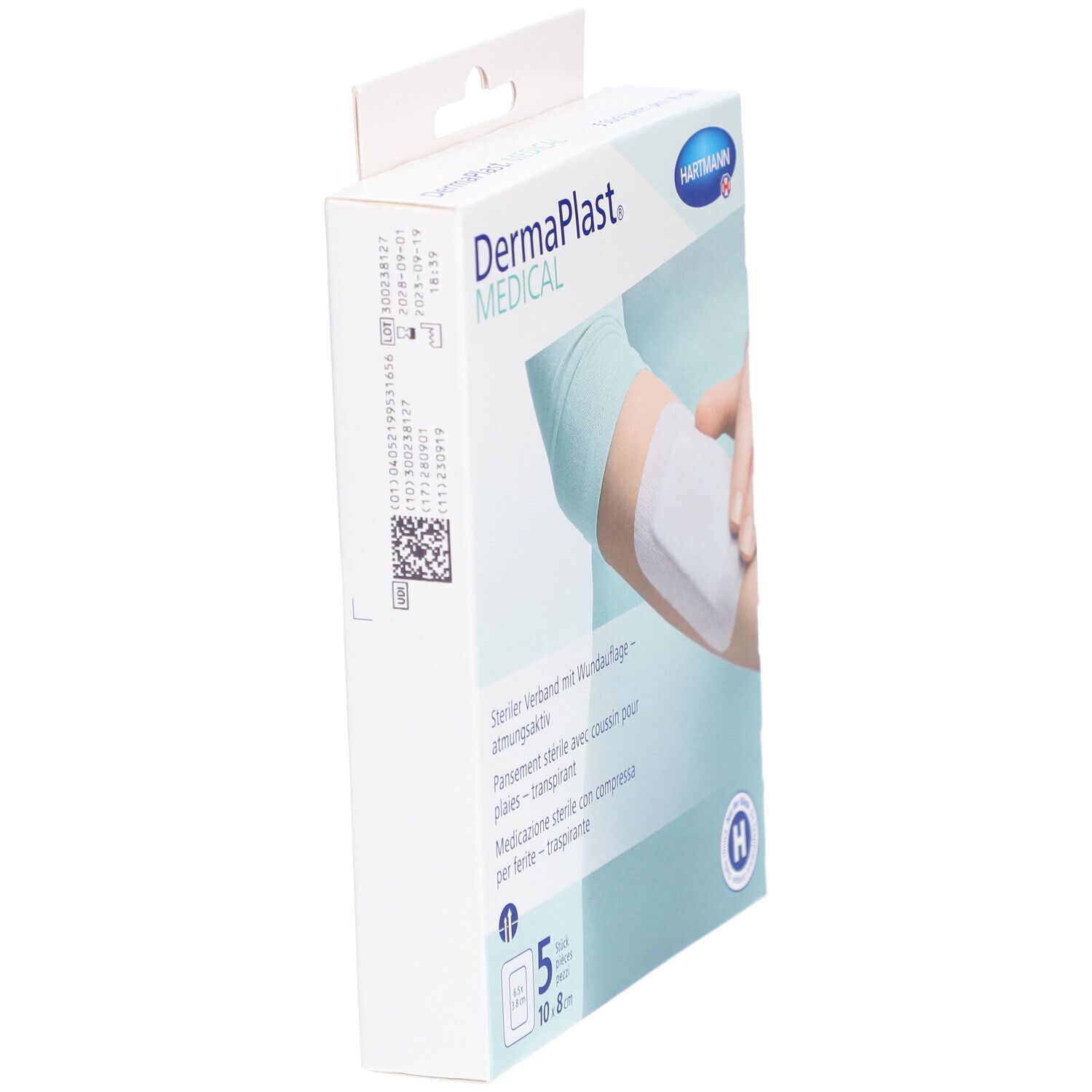 Verpackung von DERMAPLAST Medical Vliesverband. Seitenansicht. 5 Stück, 10x8 cm. Mit Text in Deutsch, Französisch, Italienisch.