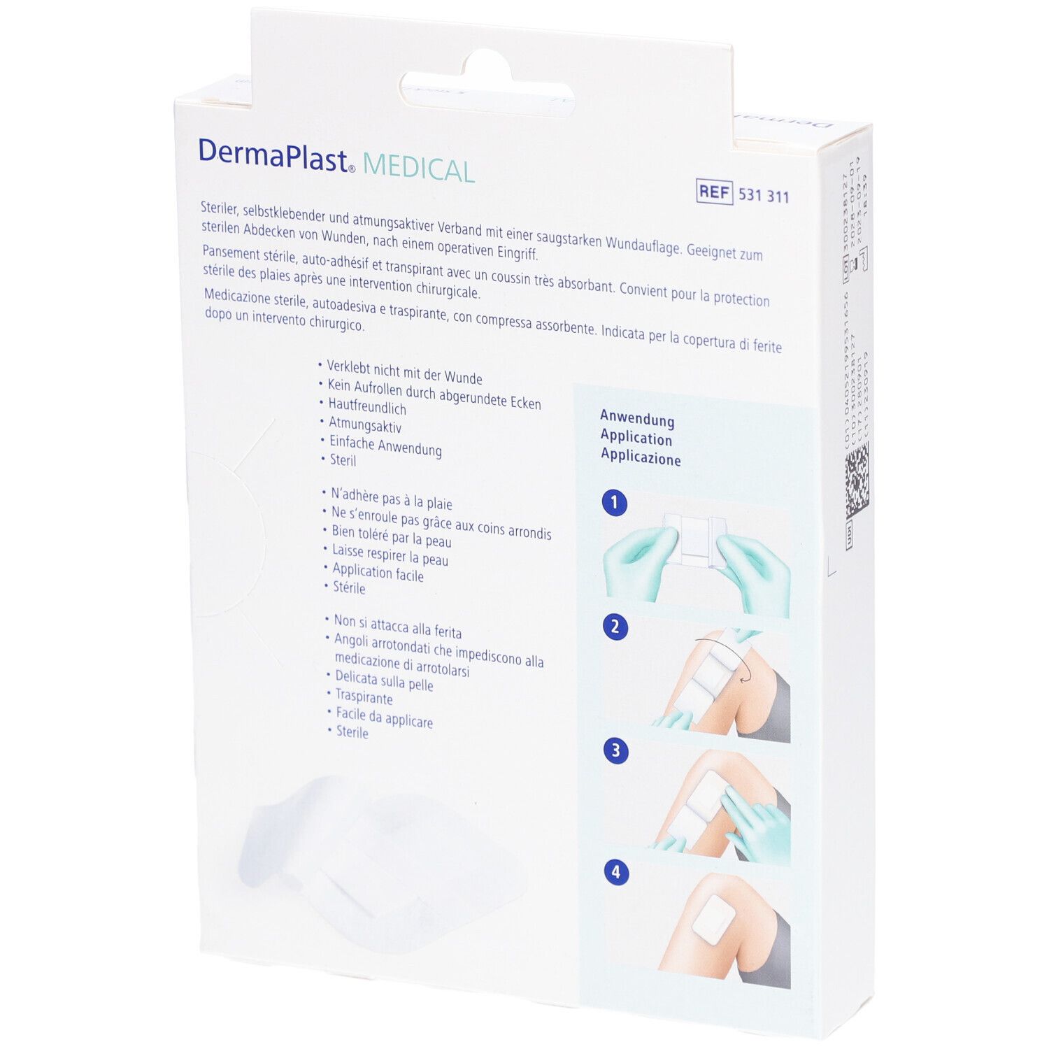 Rückseite der Verpackung von DERMAPLAST Medical Vliesverband. Anwendungshinweise in Deutsch, Französisch, Italienisch.