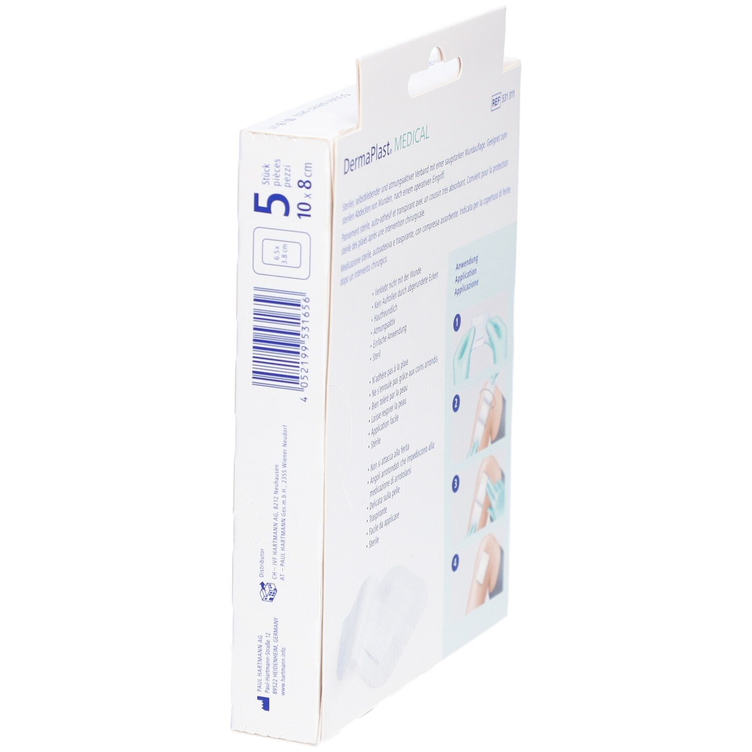 Verpackung von DERMAPLAST Medical Vliesverband. Rückseite mit Barcode und Anwendungshinweisen. 5 Stück, 10x8 cm.