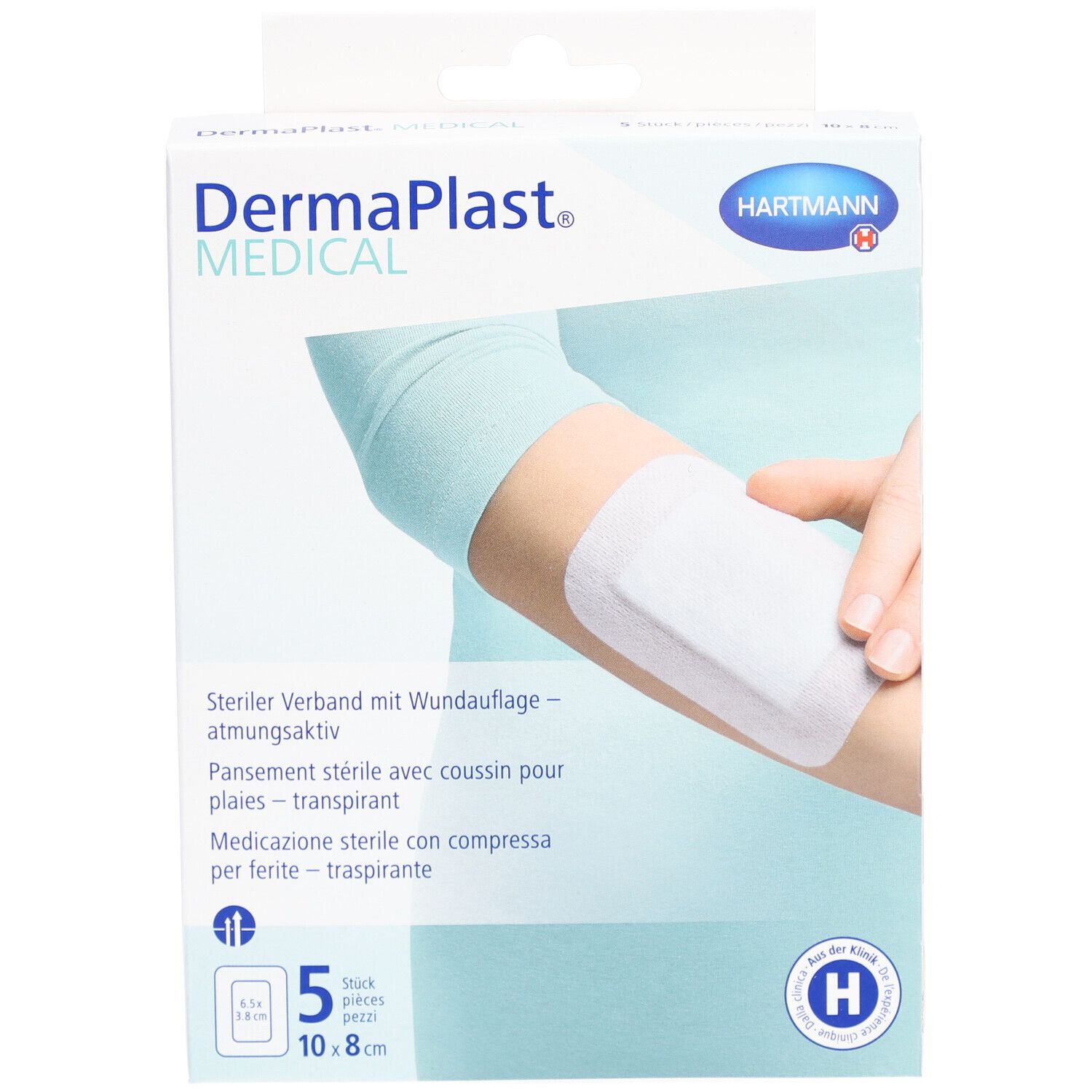 Verpackung von DERMAPLAST Medical Vliesverband. Zeigt ein Pflaster auf einem Arm. 5 Stück, 10x8 cm.
