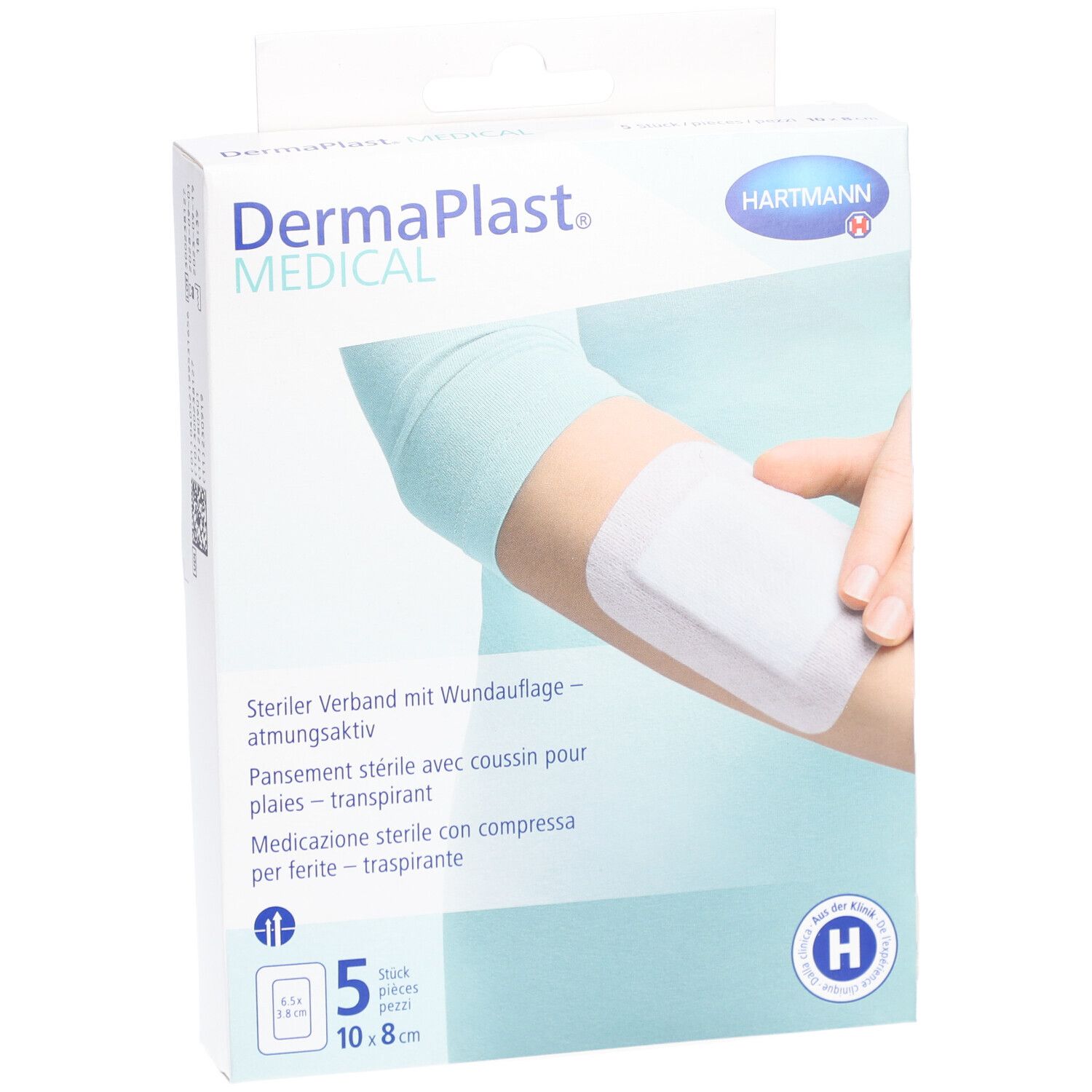 Verpackung von DERMAPLAST Medical Vliesverband. Zeigt ein Pflaster auf einem Arm. 5 Stück, 10x8 cm.