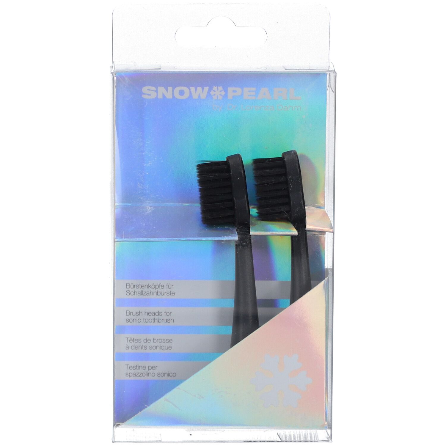 Deux têtes de brosse noires dans un emballage transparent. Inscription : SNOW PEARL. Emballage avec dispositif de suspension.