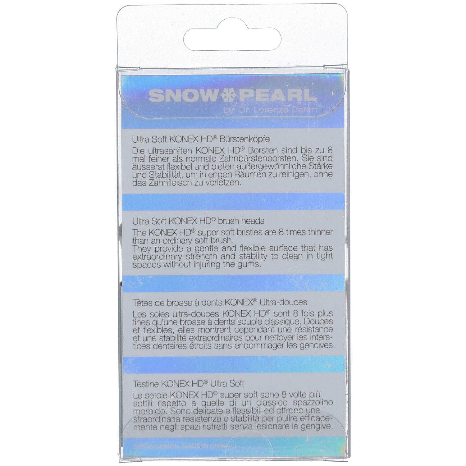 Dos de l'emballage avec texte en allemand, anglais, français et italien. Inscription : SNOW PEARL.