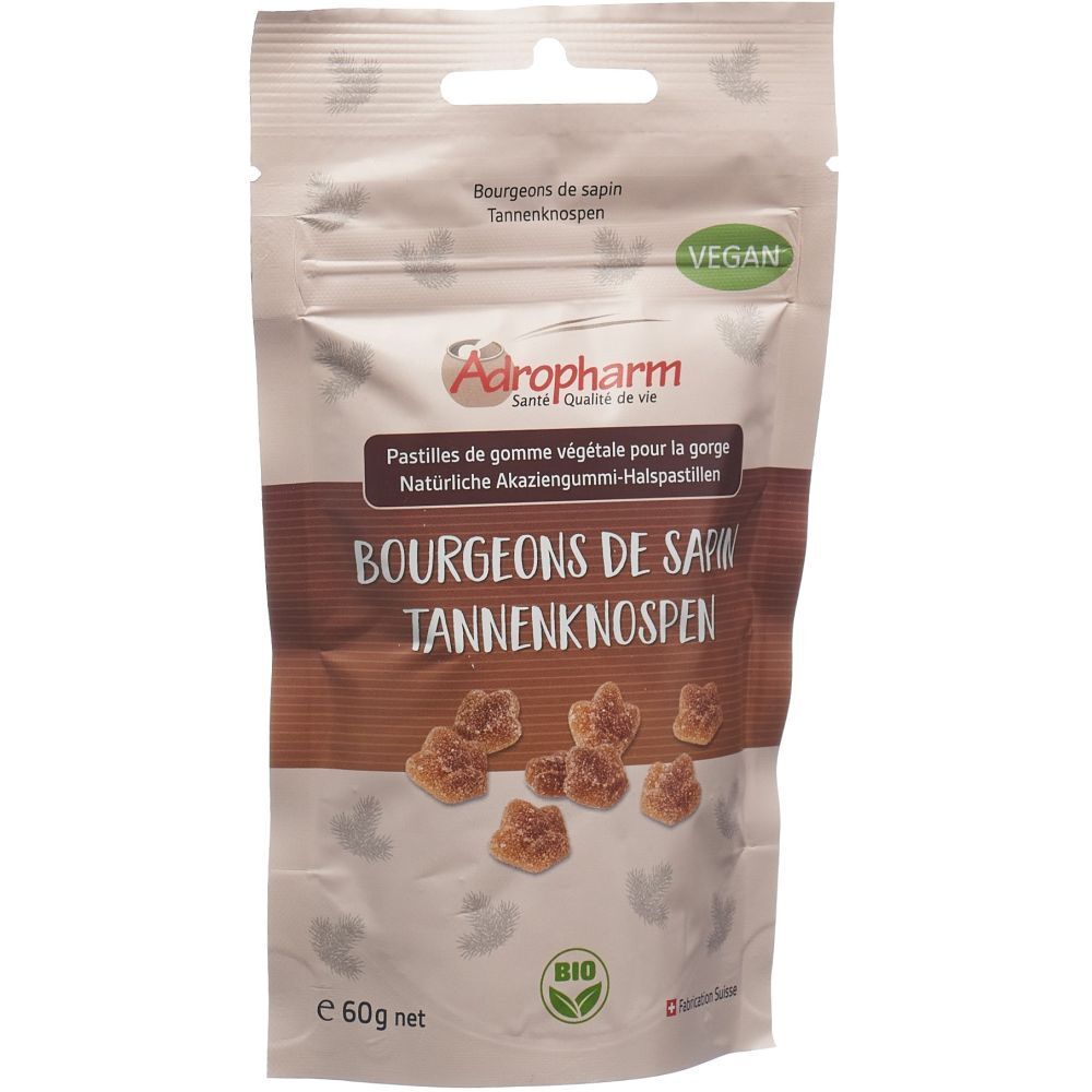 Sachet de Tannenknospen Adropharm. Texte brun sur fond blanc. Labels Vegan et Bio.