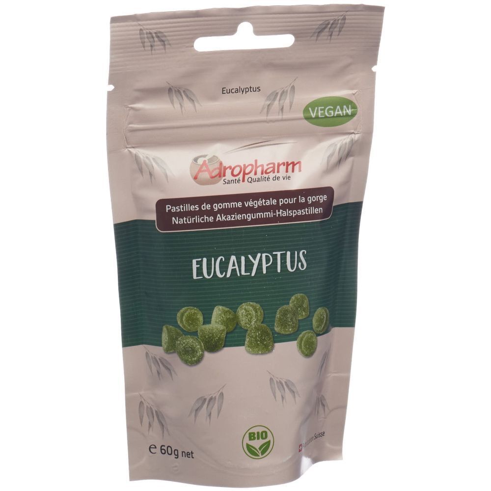 Sachet de pastilles vertes. Inscriptions: Adropharm, Eucalyptus, Vegan, Bio. Emballage imprimé.