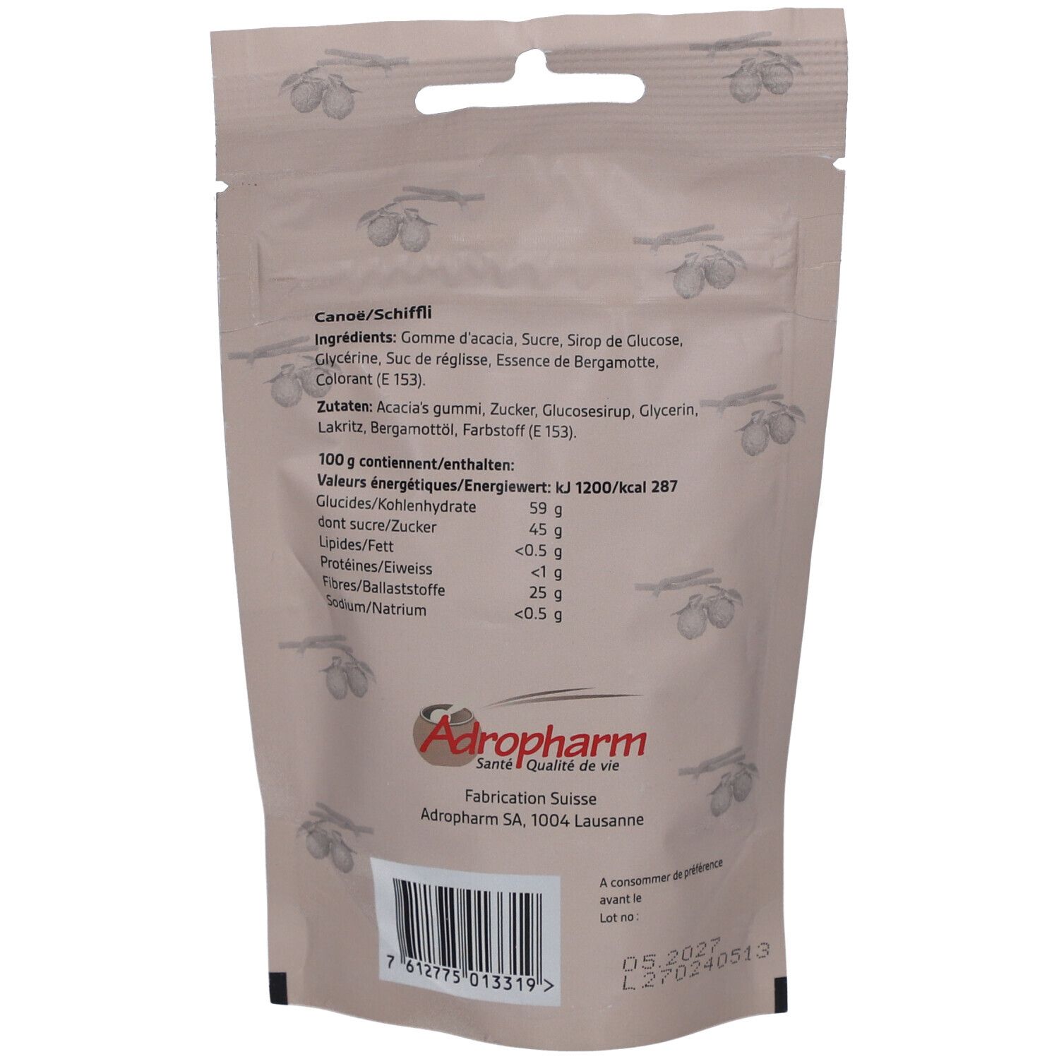 Dos du sachet de pastilles. Liste des ingrédients, informations nutritionnelles, logo Adropharm, Fabriqué en Suisse. Code-barres et date de péremption.