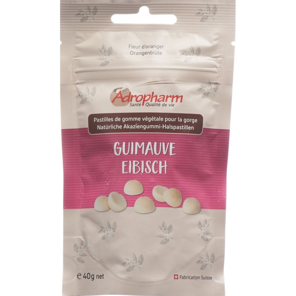 Sachet de pastilles. Inscription: Adropharm, Guimauve Eibisch. Contenu: 40g net. Fabrication suisse.