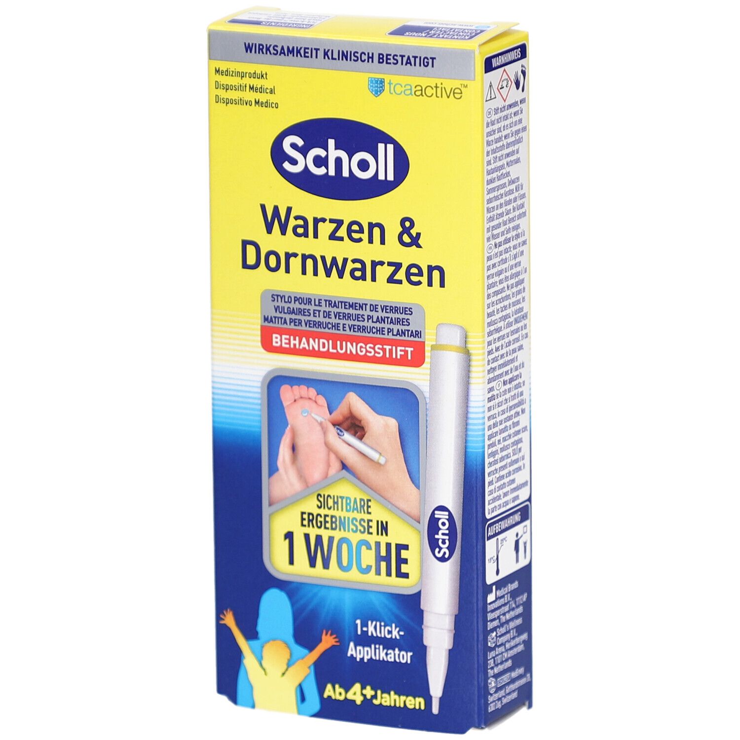 Scholl Warzen & Dornwarzen Behandlungsstift. Verpackung mit Produktabbildung und Text. Sichtbare Ergebnisse in 1 Woche. 1-Klick-Applikator. Ab 4+ Jahren.