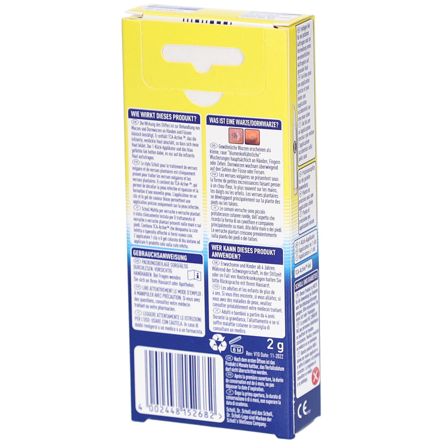 Scholl Warzen & Dornwarzen Behandlungsstift. Verpackung, Rückseite. Textinformationen zu Anwendung und Inhaltsstoffen. 2 g Inhalt.