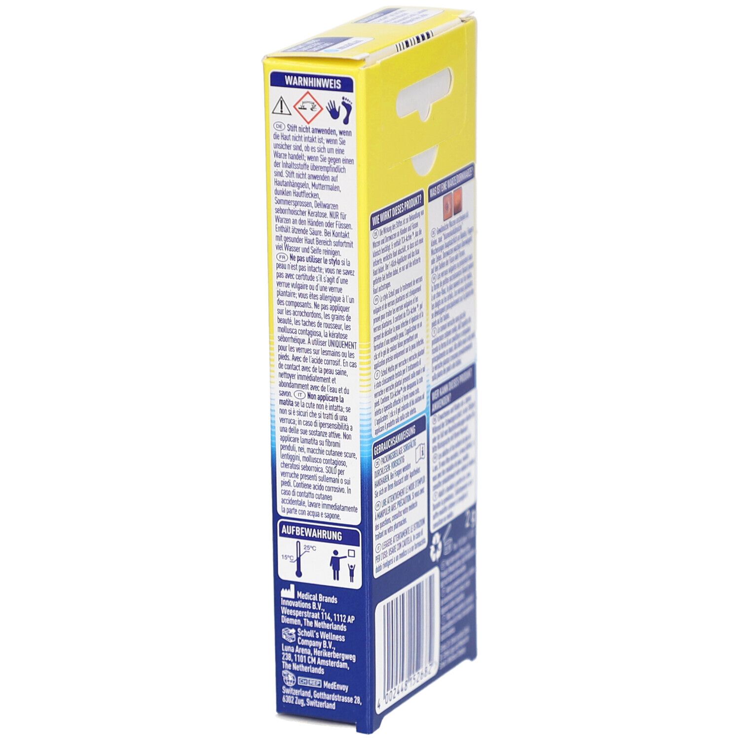Scholl Warzen & Dornwarzen Behandlungsstift. Verpackung, Seitenansicht. Warnhinweise und Aufbewahrungshinweise. Medizinprodukt.