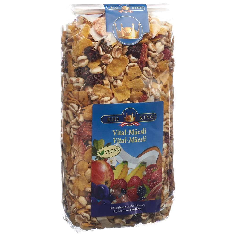 BIO KING Vital-Müsli in transparenter Verpackung mit Früchten und Getreide.