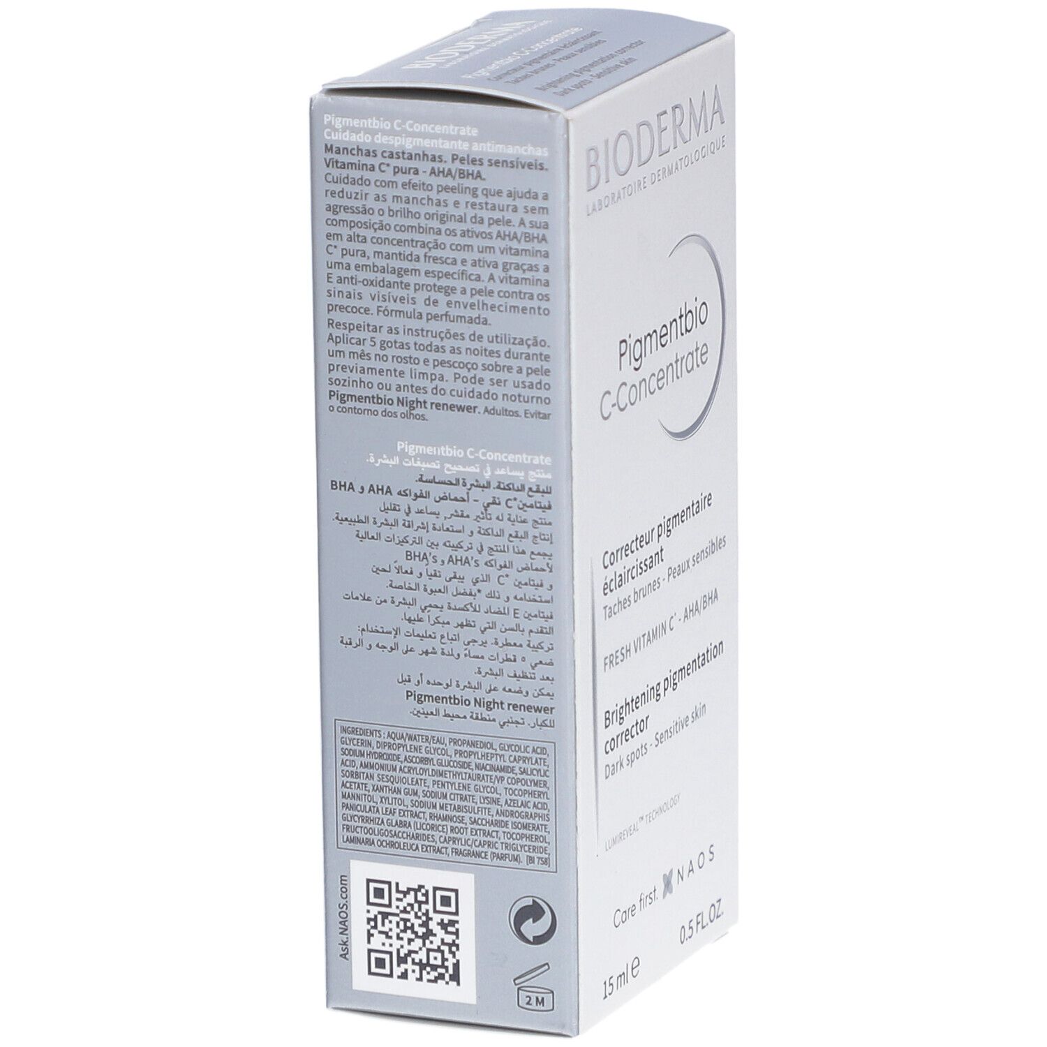 Boîte avec nom de produit et marque. Texte multilingue. 25 ml.