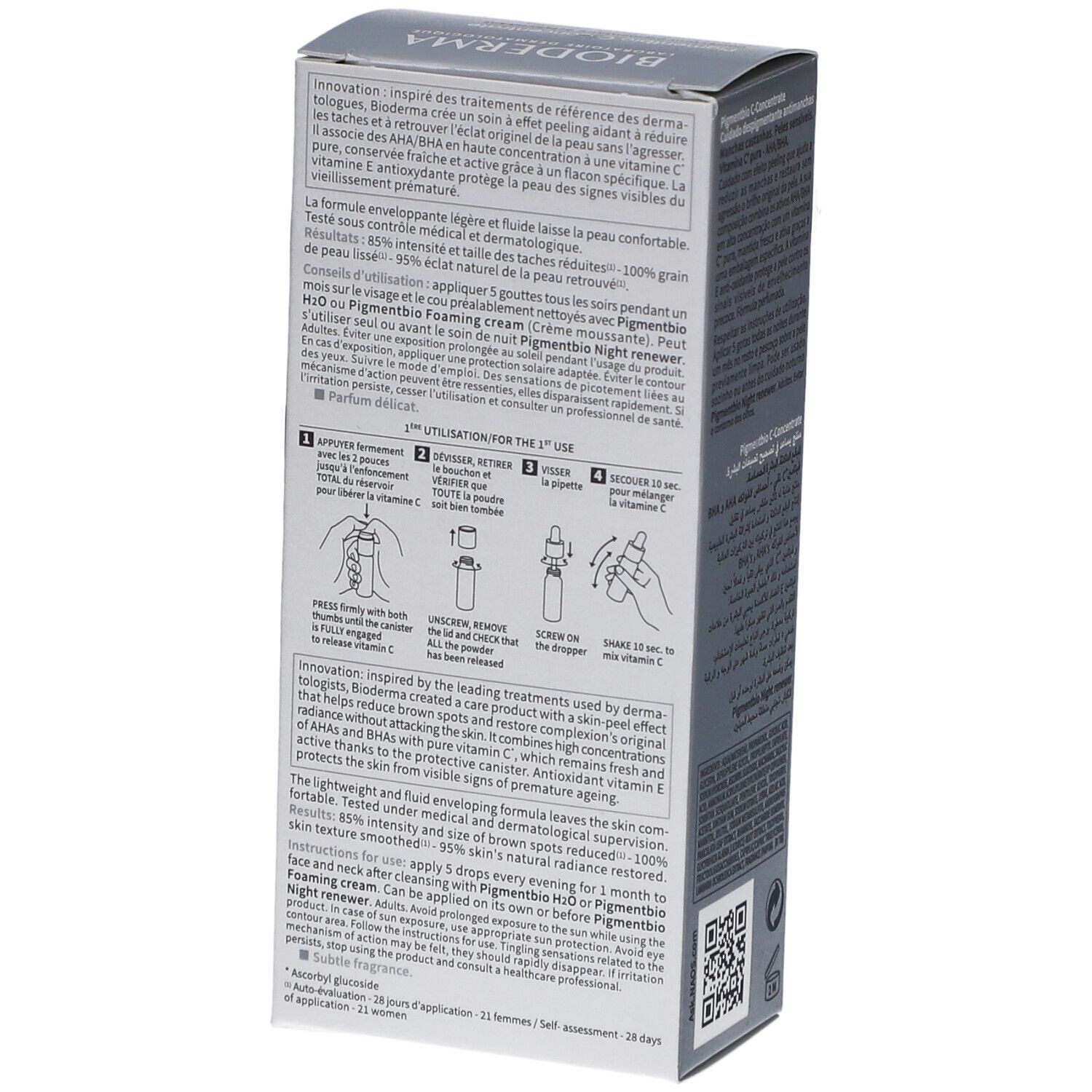 Boîte avec texte et illustrations. Informations sur l'utilisation et les ingrédients.